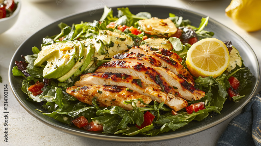Fresh Mixed Greens Salad with Grilled Chicken, Avocado, and Lemon Squeeze Fresh Mixed Greens Salad with Grilled Chicken, Avocado, and Lemon Squeeze