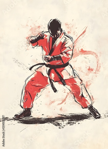 Dynamic Martial Artist in Action with Vibrant Red and Black Colors