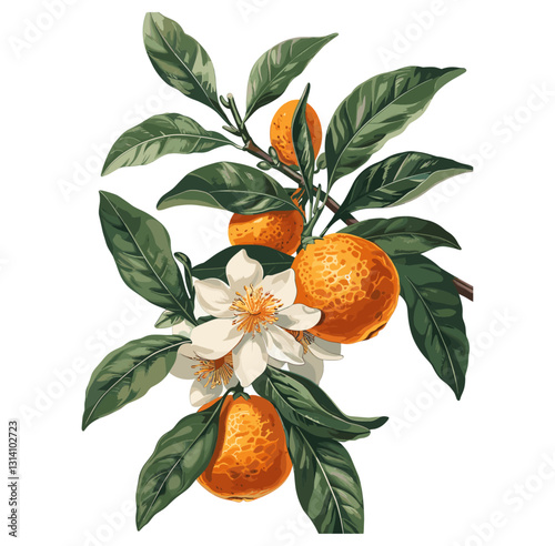 Vector botanical illustration of orange tree branch with blossoms, isolated on transparent background, vintage citrus plant, floral art, nature drawing, fruit tree