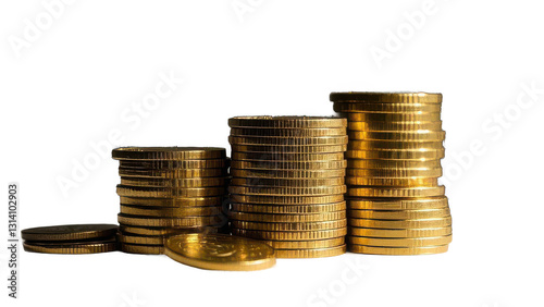 Gold coins, stacks of currency, wealth, treasure, shiny metal, financial prosperity, savings, investment on transparent background