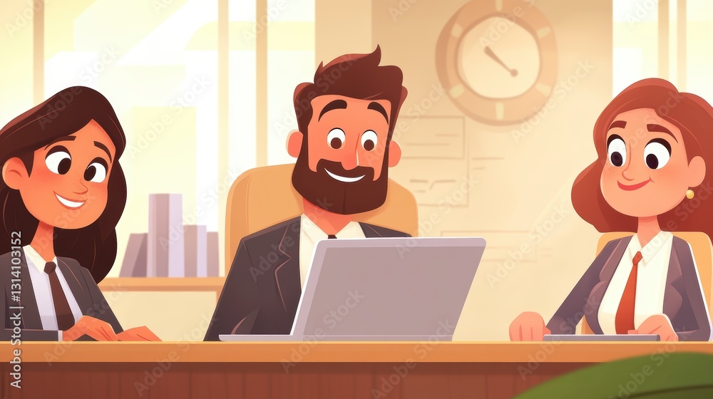 In a lively, animated office setting, three professionals convene around a laptop, their expressions suggesting collaboration and engagement The central figure, a bearded man in a suit, exudes In a lively, animated office setting, three professionals convene around a laptop, their expressions suggesting collaboration and engagement The central figure, a bearded man in a suit, exudes
