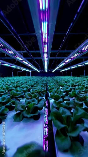 A dolly shot glides between rows of hydroponic lettuce, reflecting neon blues and purples from LED grow lamps. Vertical video backgrounds
