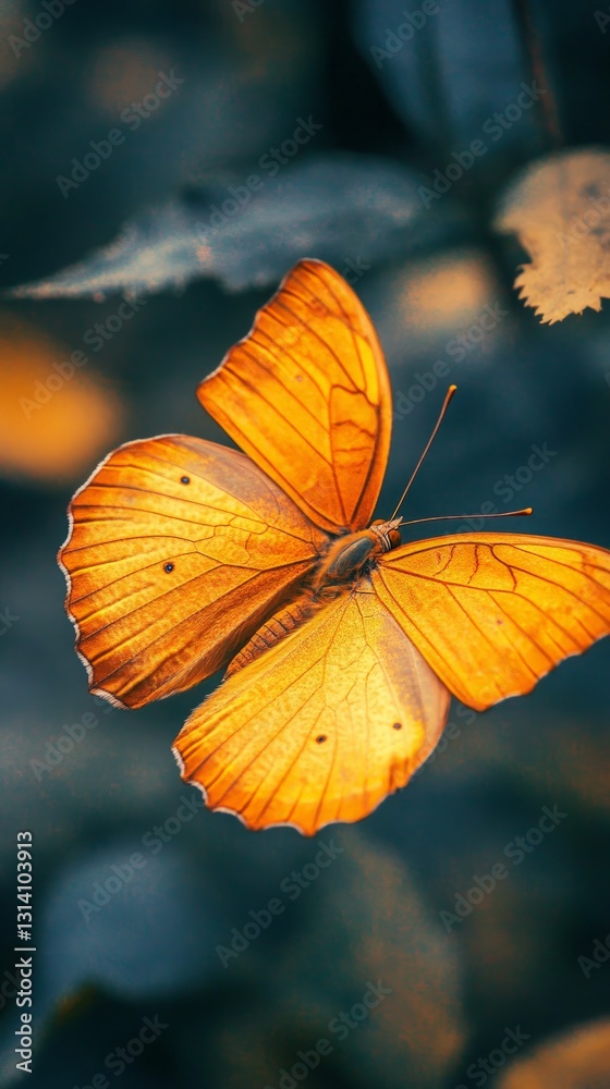 Vibrant Orange Butterfly Resting on Leaves in Natural Environment Vibrant Orange Butterfly Resting on Leaves in Natural Environment
