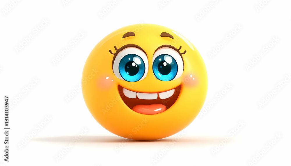Cute 3D yellow smiley face with big blue eyes and rosy cheeks on white background