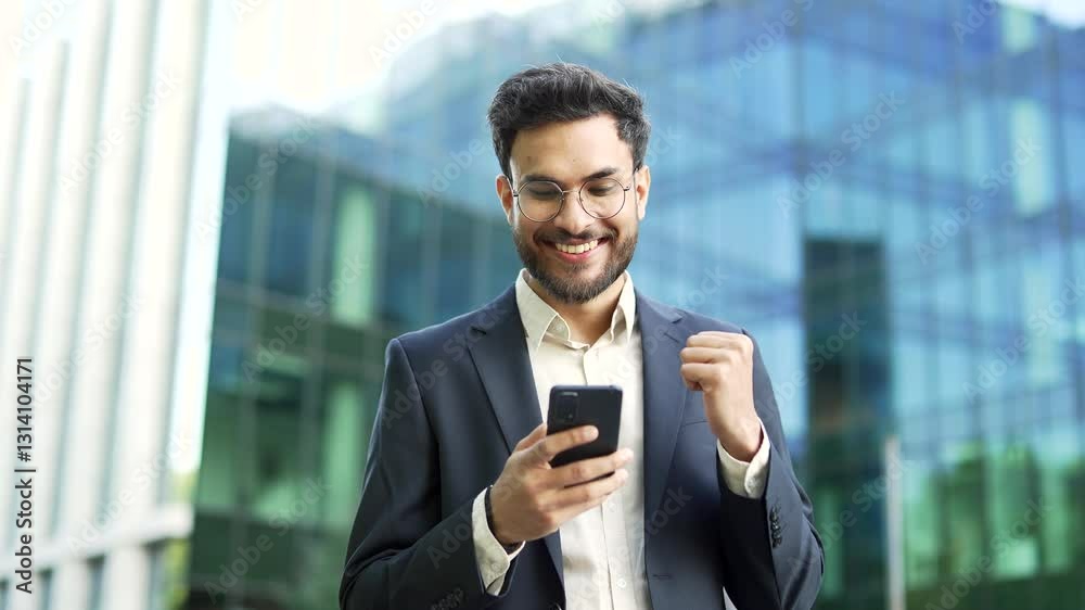 Happy joyful businessman in a suit celebrating success reading great news on the phone while standing on the street near an business office building. Smiling man received a joyful message, shows gestu Happy joyful businessman in a suit celebrating success reading great news on the phone while standing on the street near an business office building. Smiling man received a joyful message, shows gestu