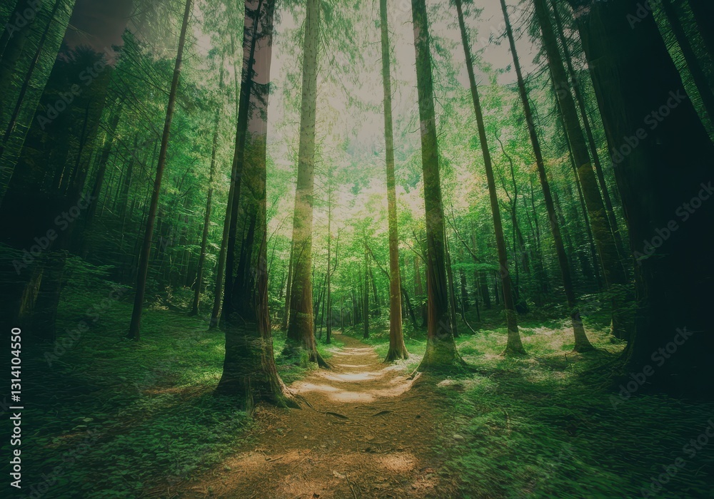 Fototapeta premium A double-exposure image combining a lush forest and a city skyline.