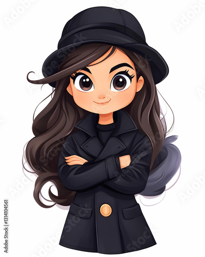 Cute cartoon girl with brown hair and a black coat and hat, arms crossed