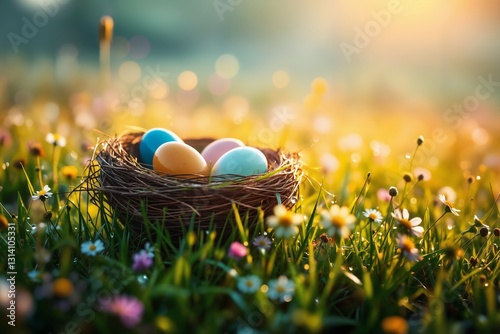 Osternest mit bunten Eiern in einer taufrischen Wiese voller Wildblumen. Sonnenstrahlen reflektieren sich in Wassertropfen auf dem Gras. Der Hintergrund zeigt einen weichen Morgenglanz.