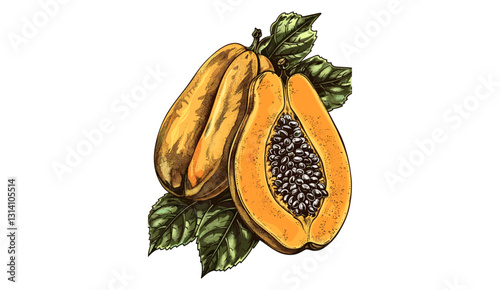 Vector papaya, old botanical illustration, papaya fruit, transparent background, tropical food, vintage drawing, fresh papaya, hand-drawn fruit, exotic plant, organic tropical fruit