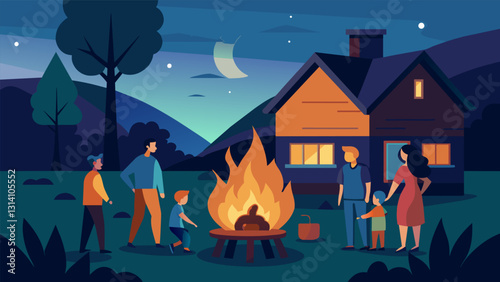 The flicker of firelight dances across the walls of a modest farmhouse where a hardworking family gathers around their biomass stove for a simple but. Vector illustration