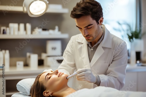 A professional spa wellness center where a beautician in a white coat examines a clientâ€™s skin before a facial treatment