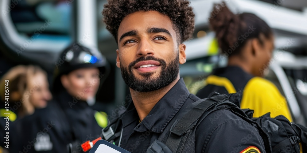 Fototapeta premium First responder confidently holds medical equipment amid supportive team Generative AI