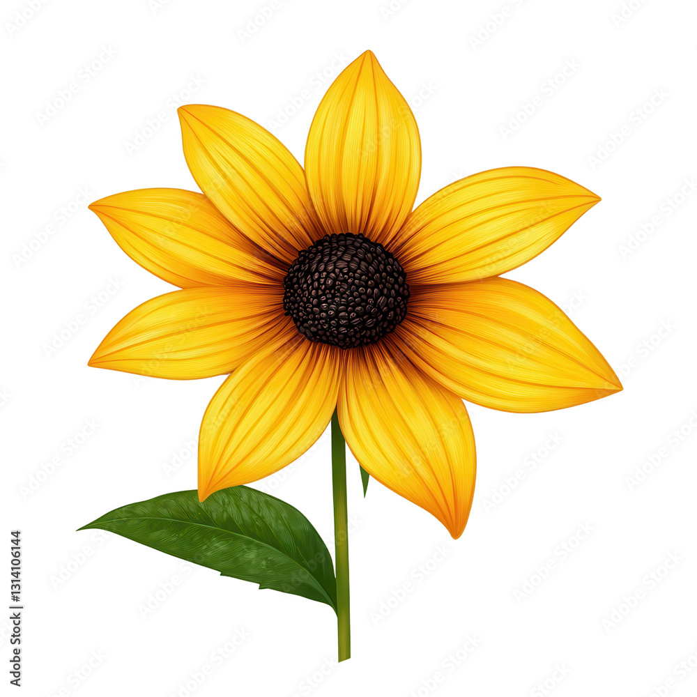 Obraz premium Sunshine Bloom: A close-up, vivid illustration captures the radiant beauty of a fully bloomed yellow flower, its petals gracefully unfurling around a dark center, complemented by a vibrant green leaf.