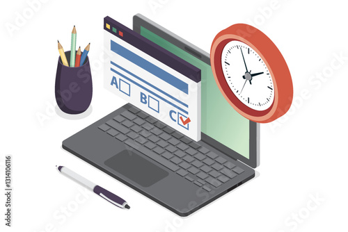 Online education. Online exam platform concept with a laptop. Choose answers for exam tests. Flat isometric vector illustration on white background