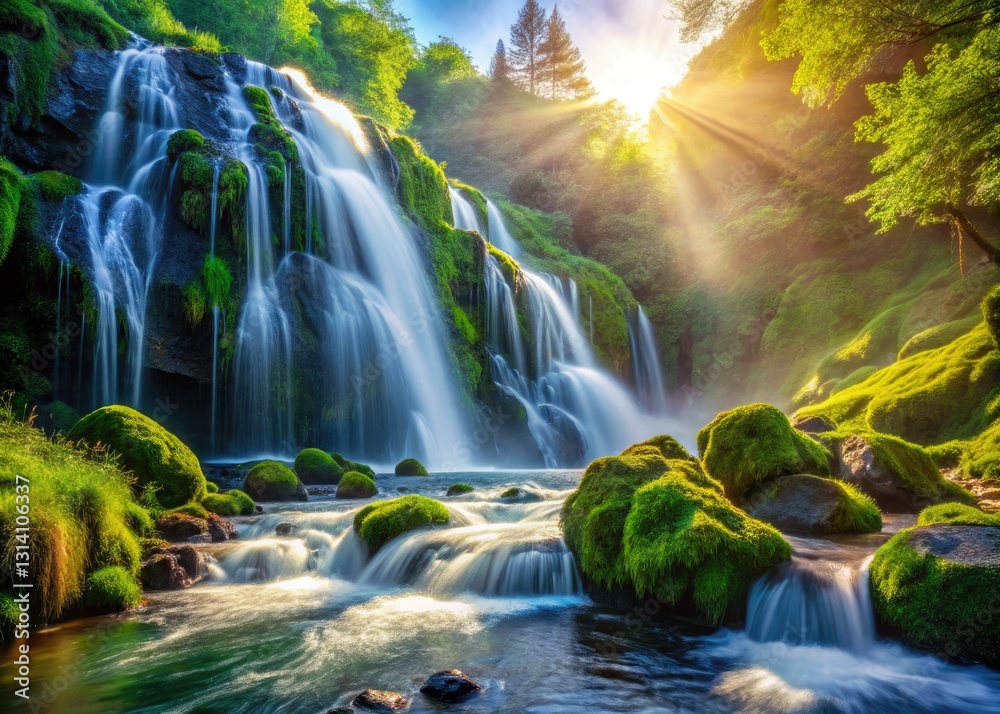 Obraz premium Abundant nature's majestic waterfall cascades over river rocks, a breathtaking photographic scene.