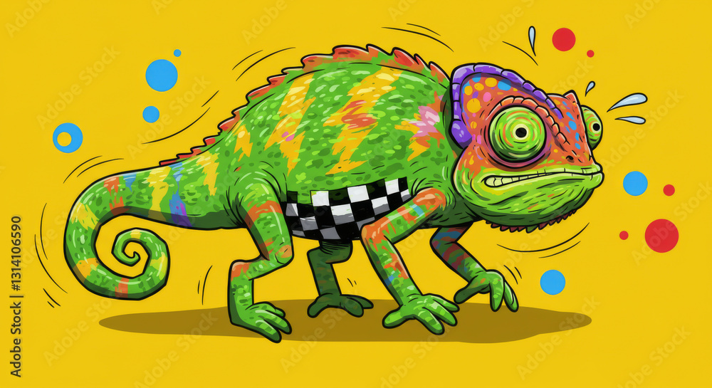 Obraz premium An alarmed and colorful chameleon with dynamic artistic illustration