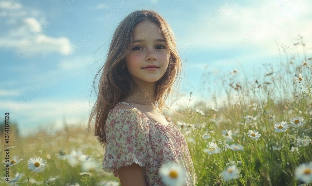 Portrait of a young girl wearing a floral dress standing in a field of daisies, soft natural light highlighting her joyful smile, evoking simplicity,