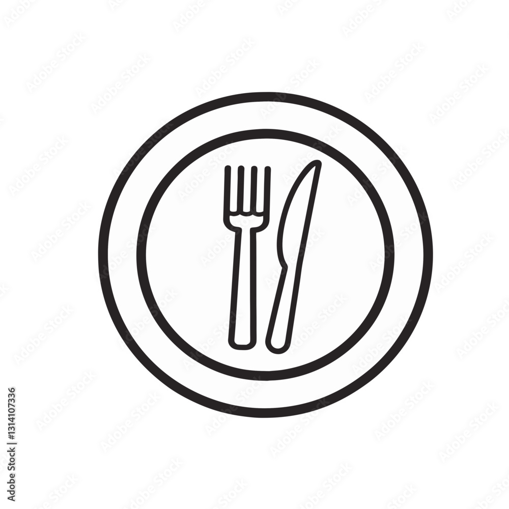 Icon image of cutlery: round plate, fork on the left and knife on the right. The minimalistic design is in a linear style Icon image of cutlery: round plate, fork on the left and knife on the right. The minimalistic design is in a linear style