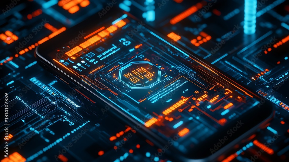Obraz premium Futuristic smartphone displaying a digital circuit board interface.