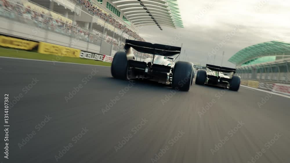 Dynamic high speed drone shot passing generic formula one race cars racing along the homestretch over the finish line. 3d animation rendering. New 2025 black and gold race car design