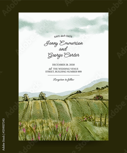 watercolor wedding invitation poster with meadow and nature landscape background illustration