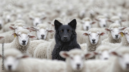 Black sheepdog standing among flock of white sheep
