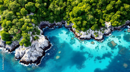 Fototapeta Naklejka Na Ścianę i Meble -  Tropical Coastline Background: Aerial View of Turquoise Waters and Lush Greenery. 