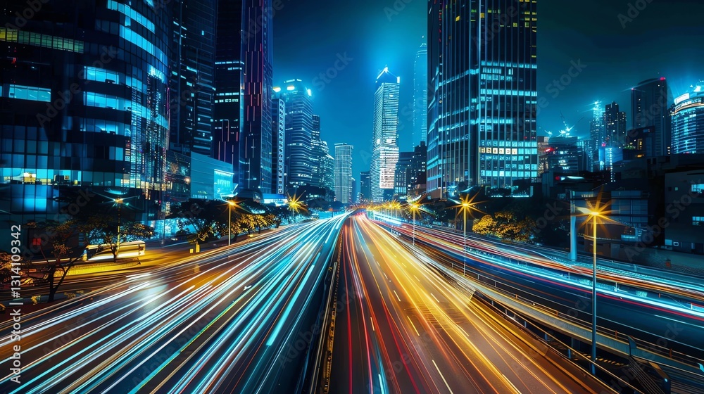 Naklejka premium A busy highway with streaks of light from cars driving through the city at dusk.