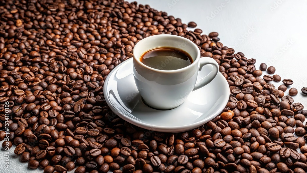 Aromatic morning coffee, steaming in a pristine white porcelain cup, against a bright backdrop. Aromatic morning coffee, steaming in a pristine white porcelain cup, against a bright backdrop.