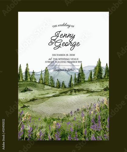 watercolor wedding invitation poster with hills and flower field background illustration