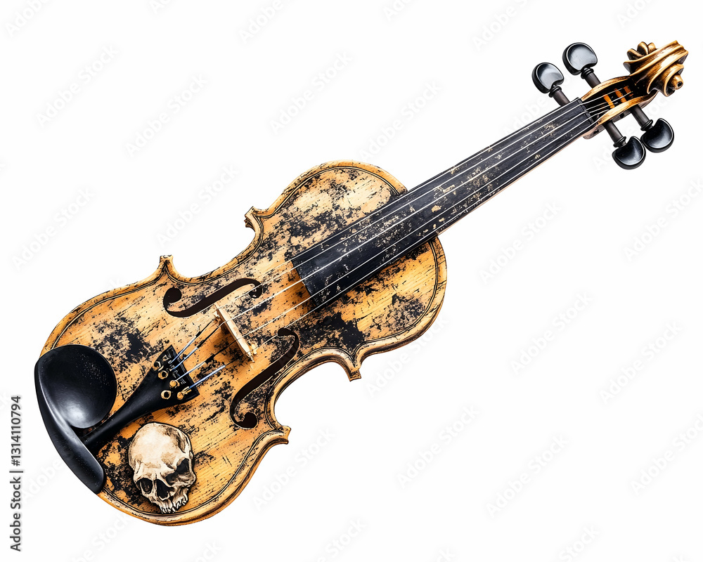 Obraz premium Distressed golden violin with skull detail against a white background