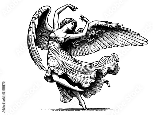 graceful angel with large feathered wings, dancing elegantly in a flowing dress, drawn in an engraved, woodcut style sketch engraving generative ai PNG illustration. Scratch board. Black and white. photo