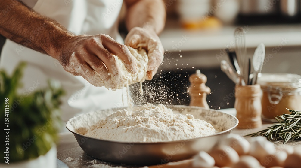 Fototapeta premium Chef Baking Bread Hands Flour Dough Cooking Food Recipe Kitchen
