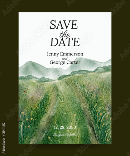 watercolor wedding invitation poster with meadow and nature landscape background illustration