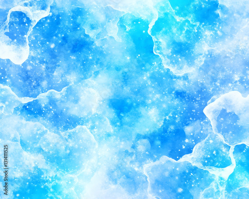 Dreamy blue watercolor clouds with sparkles, serene, calming