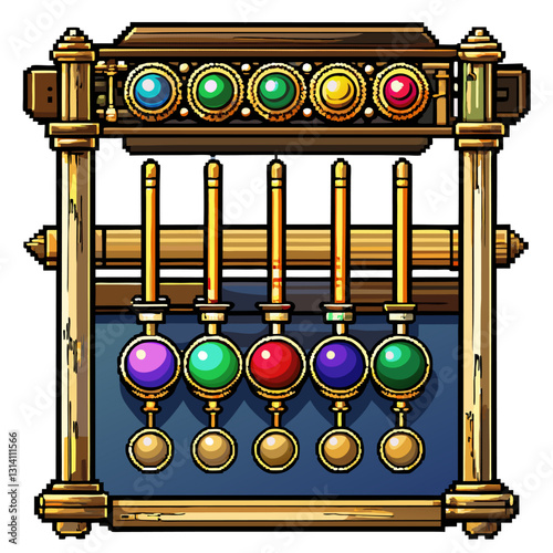 Colorful Vintage Mechanical Puzzle Structure with Wooden Finish and Brass Elements