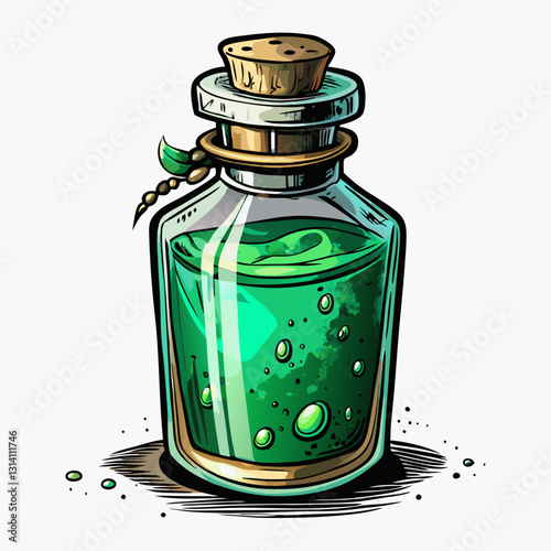 Enchanted Glass Potion Bottle with Green Elixir and Bubbles in Vintage Style