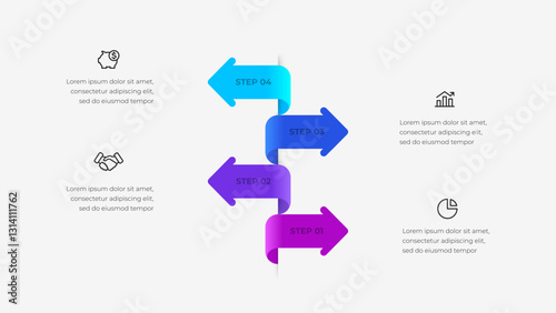 Four step infographic design, featuring arrows with vibrant colors and playful icons representing financial and business progress, ideal for presentations, business strategies, and workflows