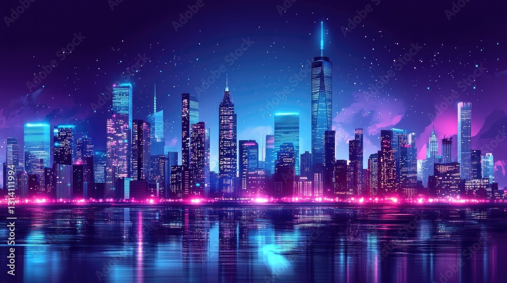 Fototapeta premium Illuminated skyscrapers reflected in the still water at night