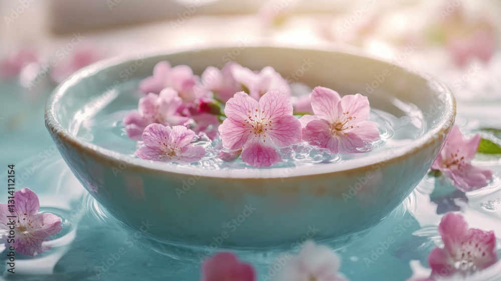 Wellness and Self-Care Rituals. Wellness and Self-Care Rituals. Pink Cherry Blossoms Floating in Teal Bowl of Water Wellness and Self-Care Rituals. Wellness and Self-Care Rituals. Pink Cherry Blossoms Floating in Teal Bowl of Water