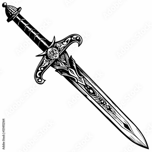 Ornate Sword Illustration Intricate Black and White Design