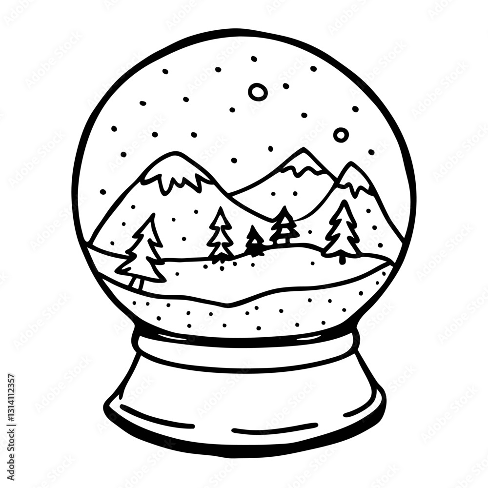 Hand Drawn Snow Globe with Winter Mountain Scene and Pine Trees Hand Drawn Snow Globe with Winter Mountain Scene and Pine Trees