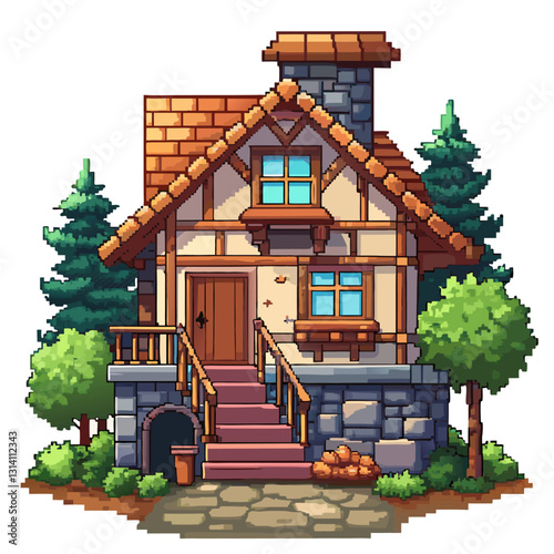 Charming Pixel Art Cottage in Forest Setting with Rustic Details