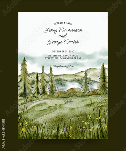 watercolor wedding invitation poster with natural background illustration of meadow and lake