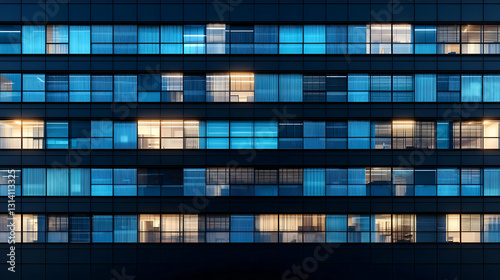 Illuminated Office Building Facade At Night With Blue And Warm Light Reflecting In Windows