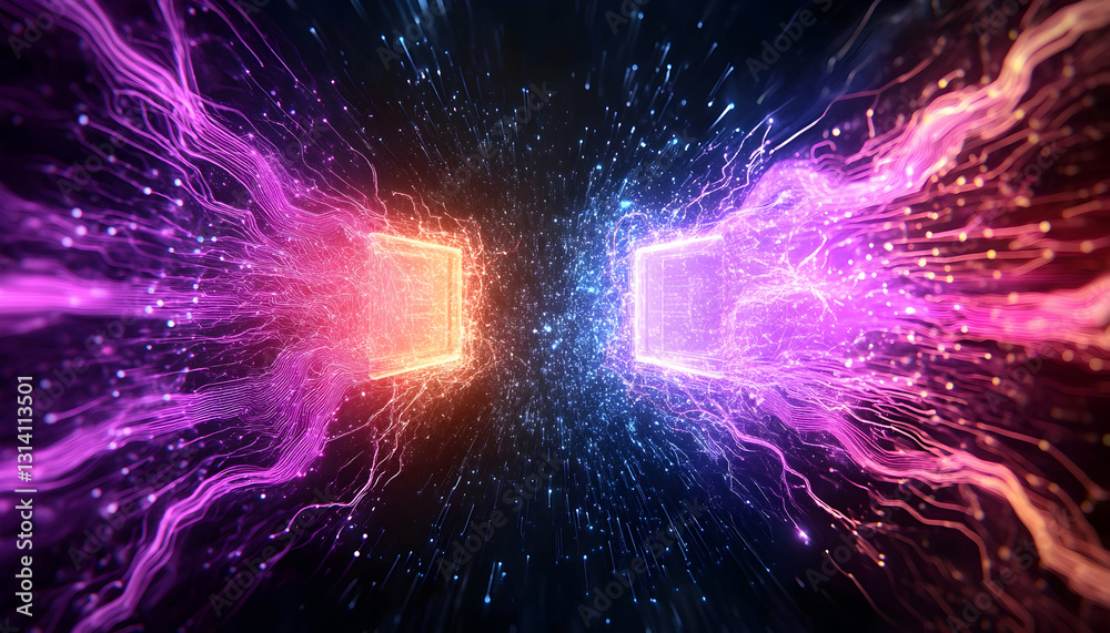 Obraz premium Energy streams from two glowing blocks, connected by a field of blue sparks on a dark backdrop