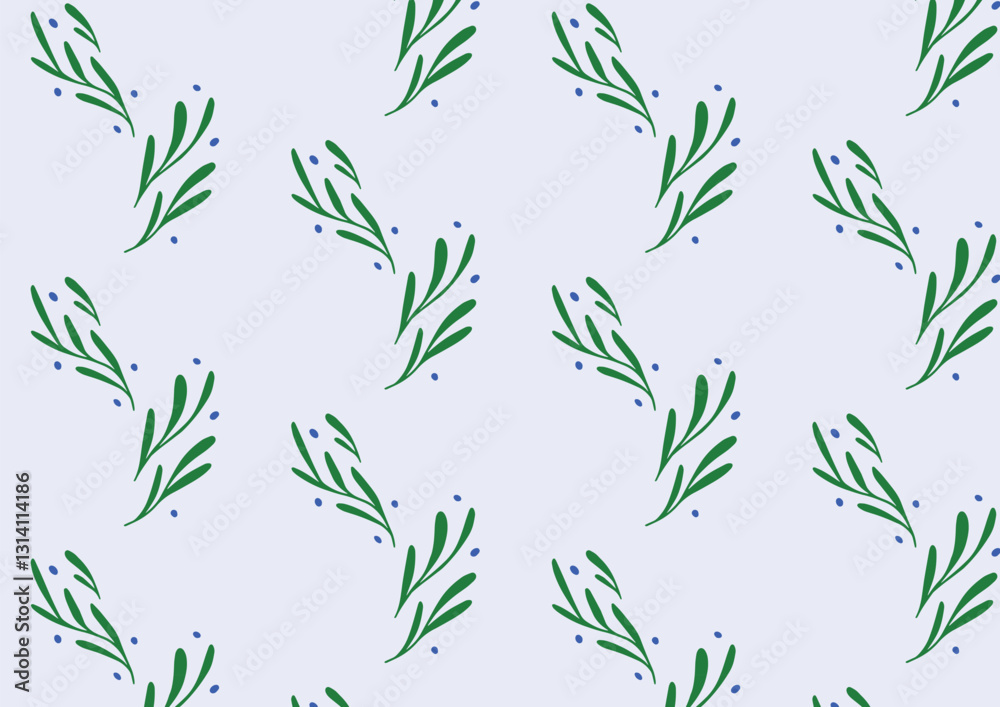 Seamless floral pattern with Delicate Green Leaves and Soft Blue Flowers. Hand-drawn botanical ornament for textile, wallpaper, wrapping. Flat elegant vector illustration. Seamless floral pattern with Delicate Green Leaves and Soft Blue Flowers. Hand-drawn botanical ornament for textile, wallpaper, wrapping. Flat elegant vector illustration.