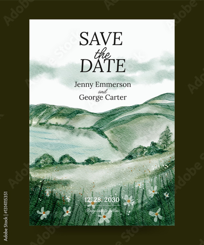 watercolor wedding invitation poster with natural background illustration of meadow and lake