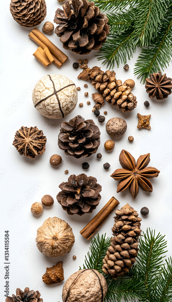 Festive seasonal elements pinecones, spices, greenery create a holiday atmosphere on white Festive seasonal elements pinecones, spices, greenery create a holiday atmosphere on white