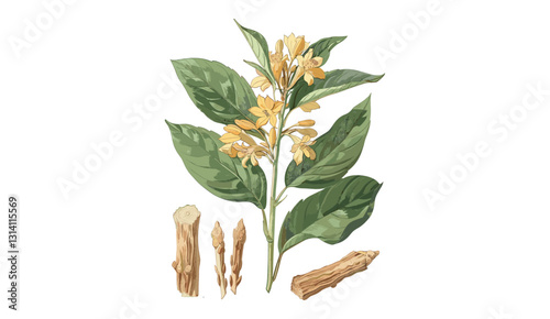 Sandalwood botanical illustration, vector image, isolated on transparent background, fragrant tree, aromatic wood, essential oil source, herbal medicine, Ayurveda, incense wood